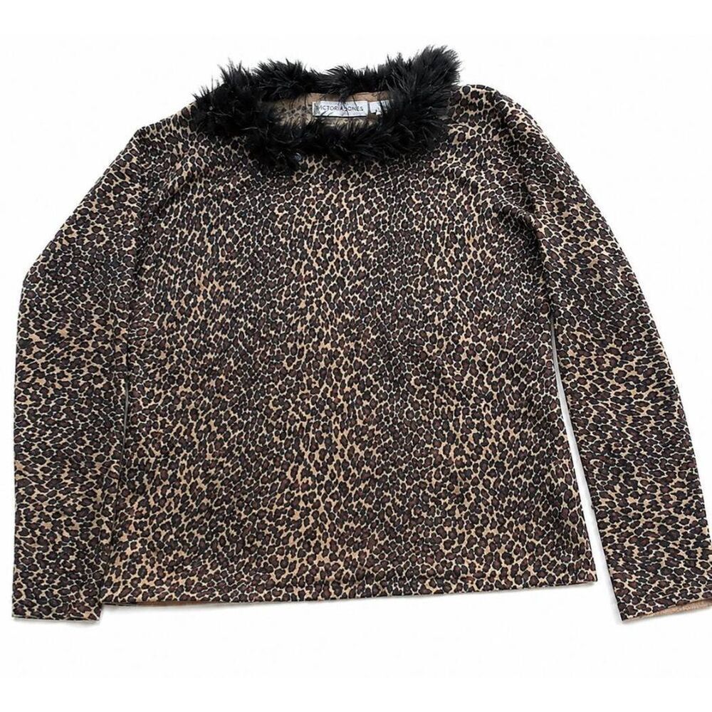 Vtg y2k Victoria Jones womens small sweater real fur collar leopard tan cotton